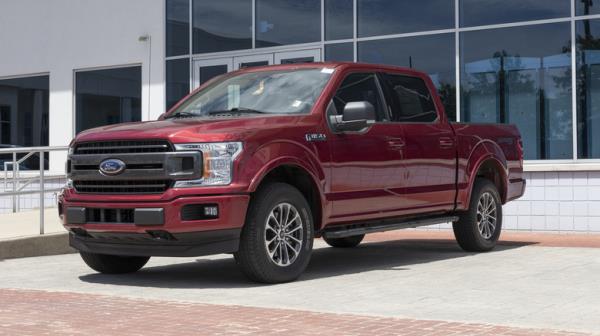 A red Ford F-150 on a dealership lot